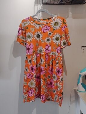 Zara Orange Dress with White Daisy and Pink Floral Print (Size M)